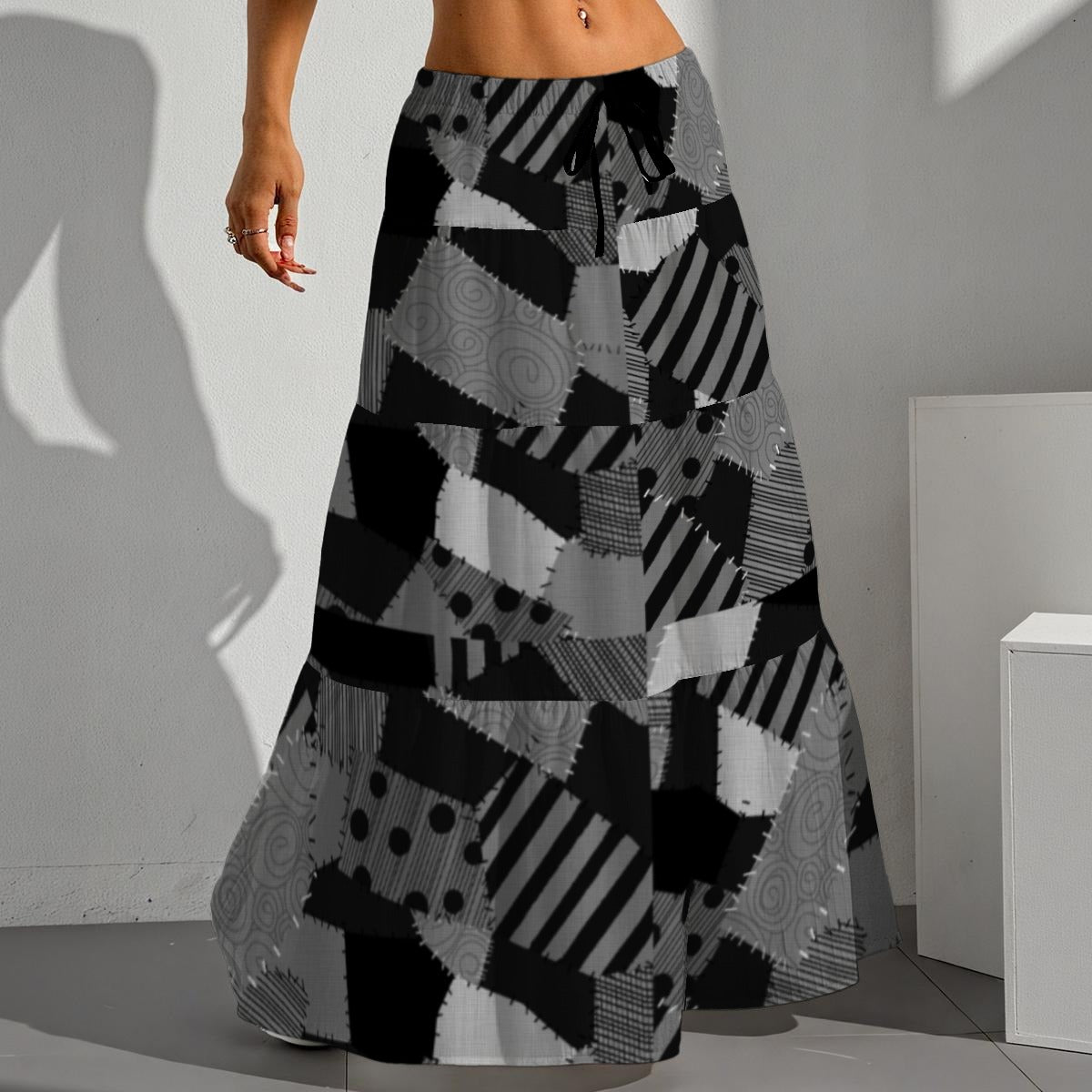 Patchwork Pleated Long Skirt