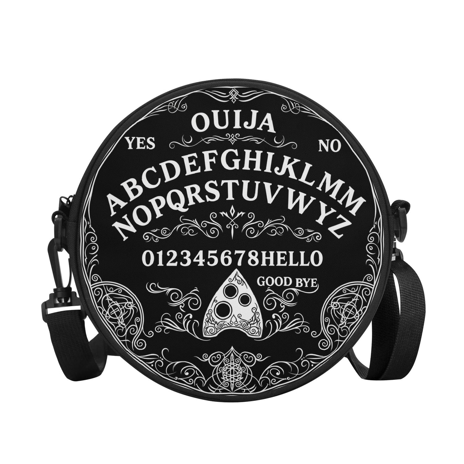 Ouija board design on a black bag with white text and symbols.