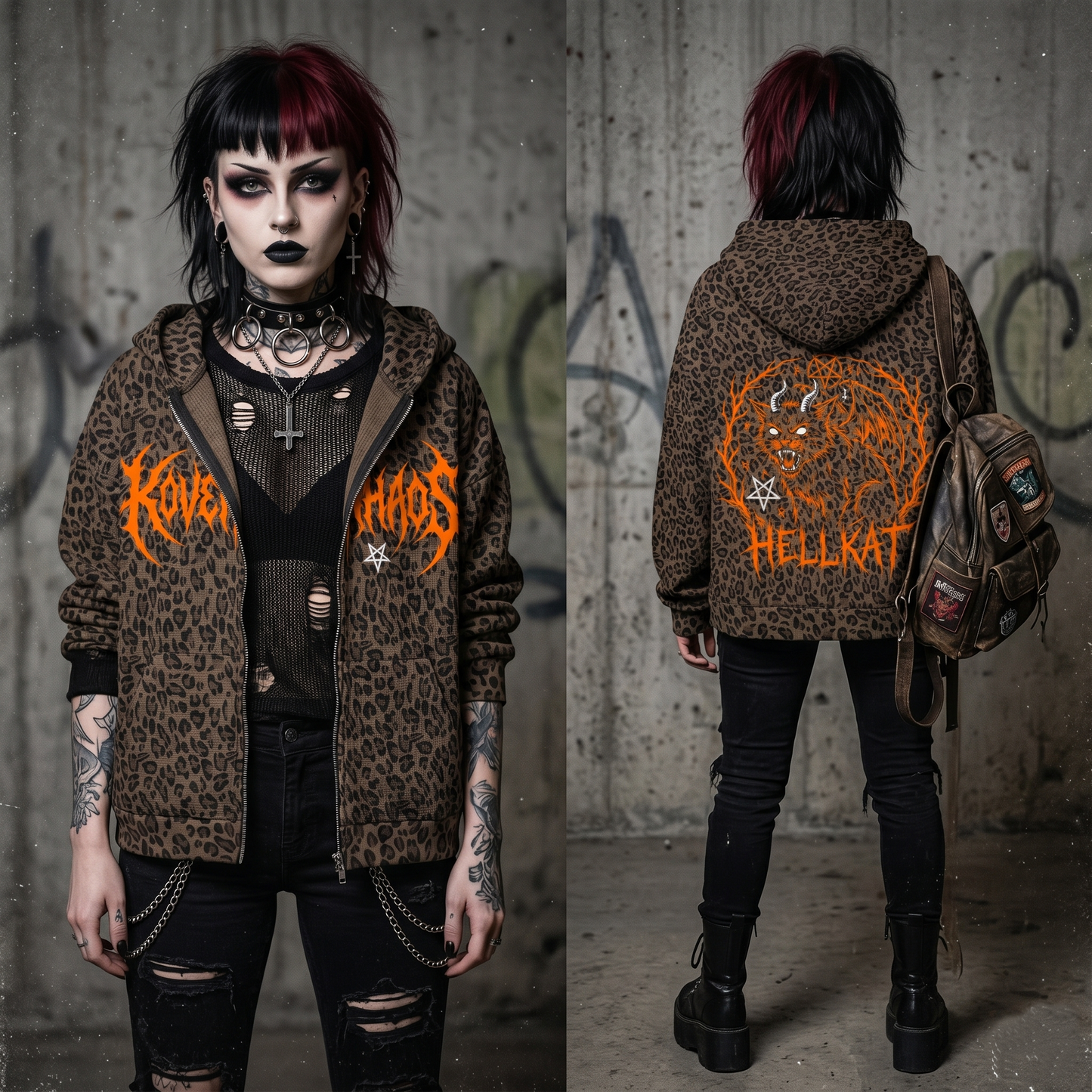 Hellkat Unisex Leopard Print Waffle Full Zip Hoodie
