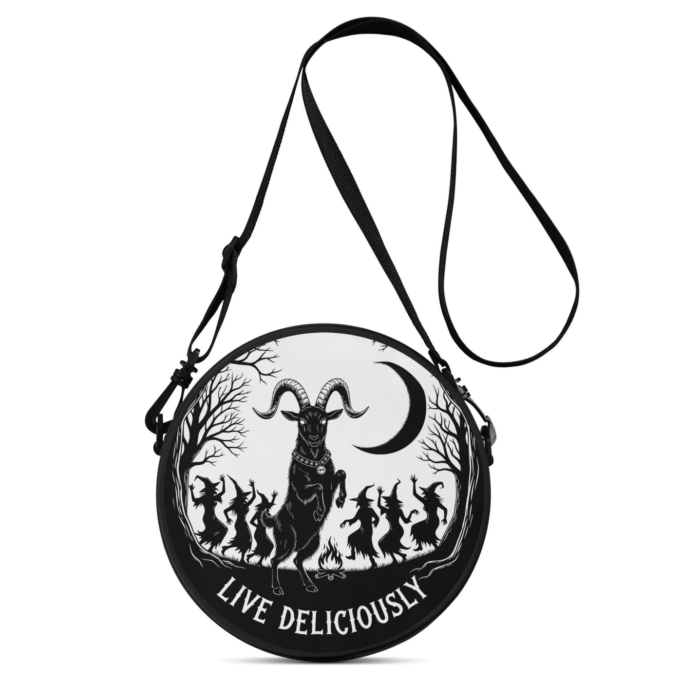 Round bag with black and white design featuring a goat and witches, and 'Live Deliciously' text.