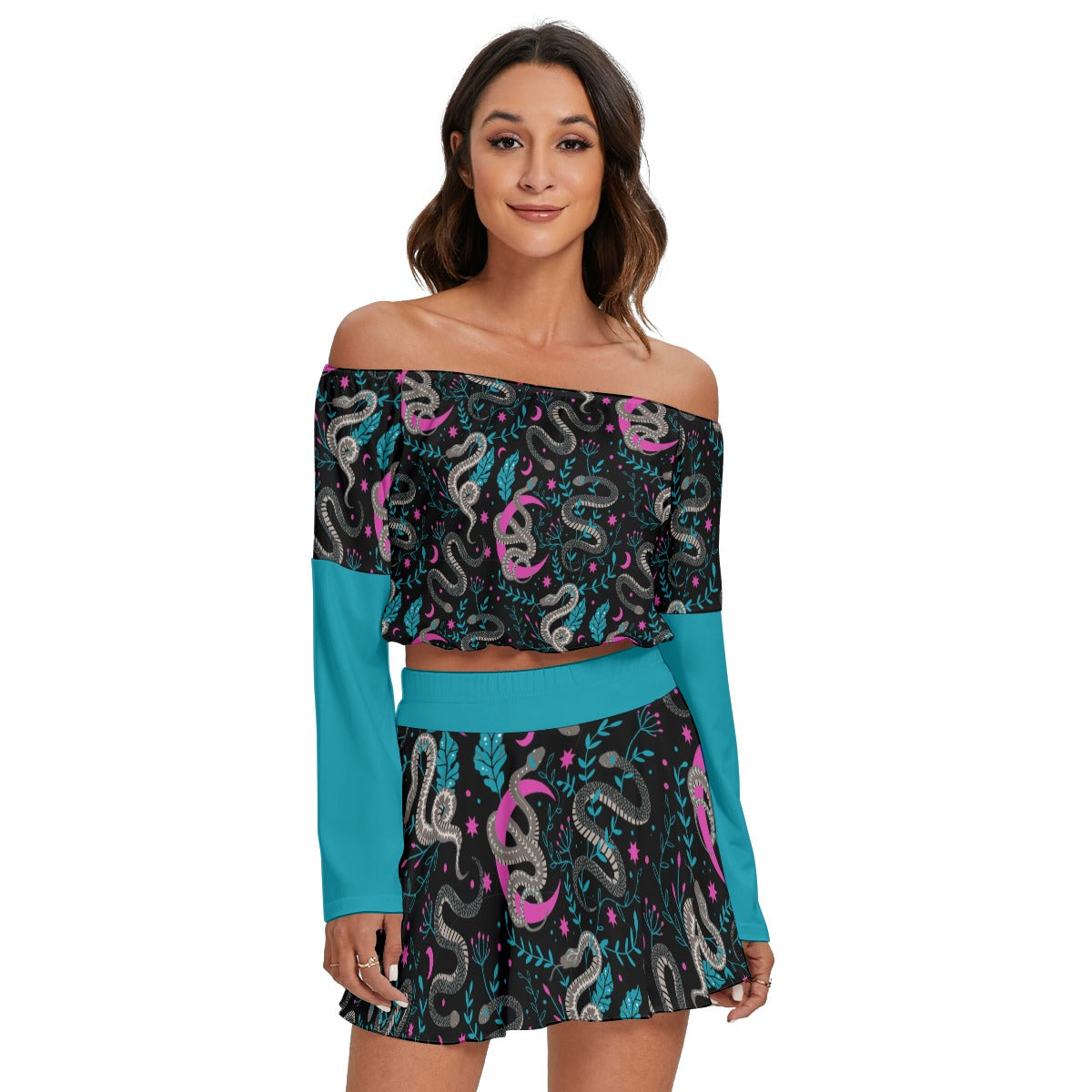 Snakes & Moons Off-shoulder Top And Skirt Set