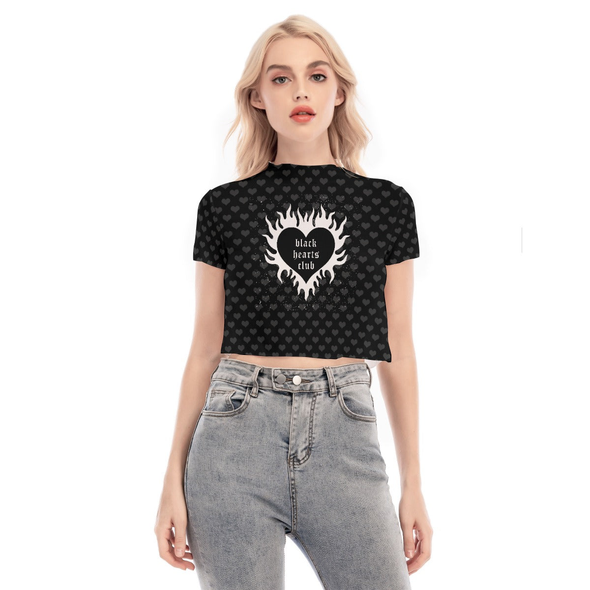 Black Hearted Short Sleeves Mesh Crop Top