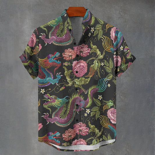 Dragons & Flowers Stand Collar Shirt