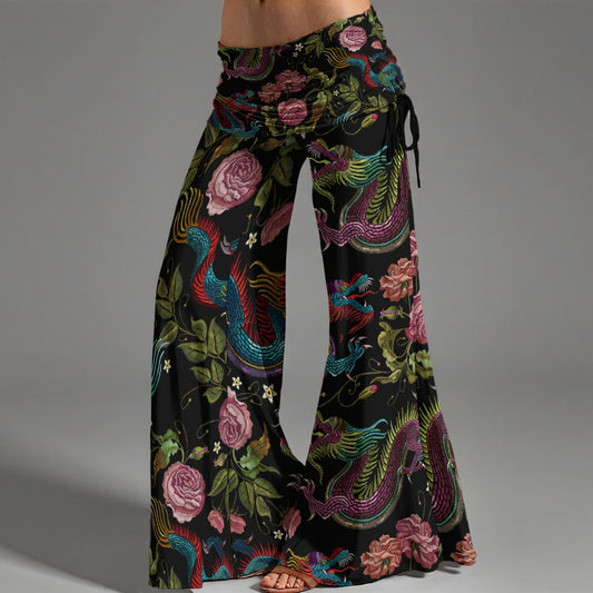 Dragons & Flowers High Waist Wide Leg Pants