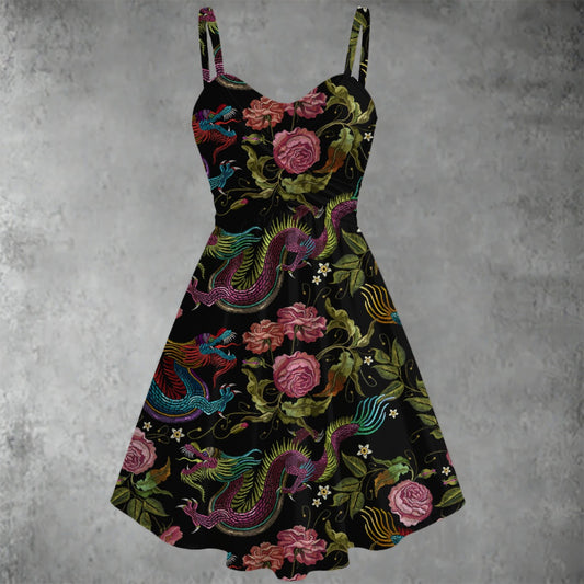 Dragons & Fowers Spaghetti Strap Dress