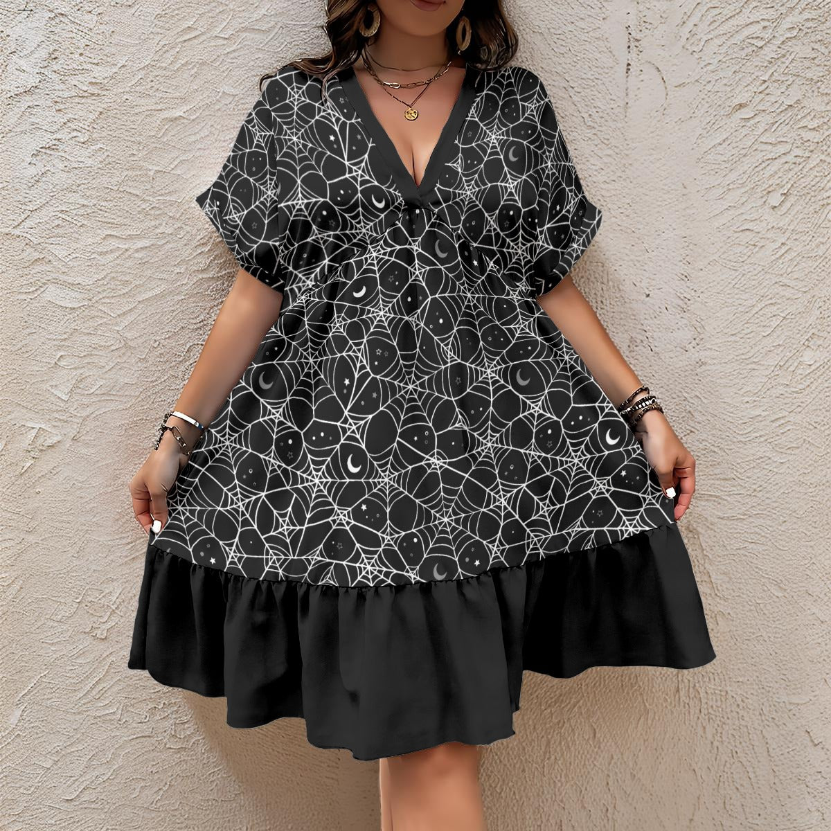 Cosmic Web V-Neck Short Sleeve Dress