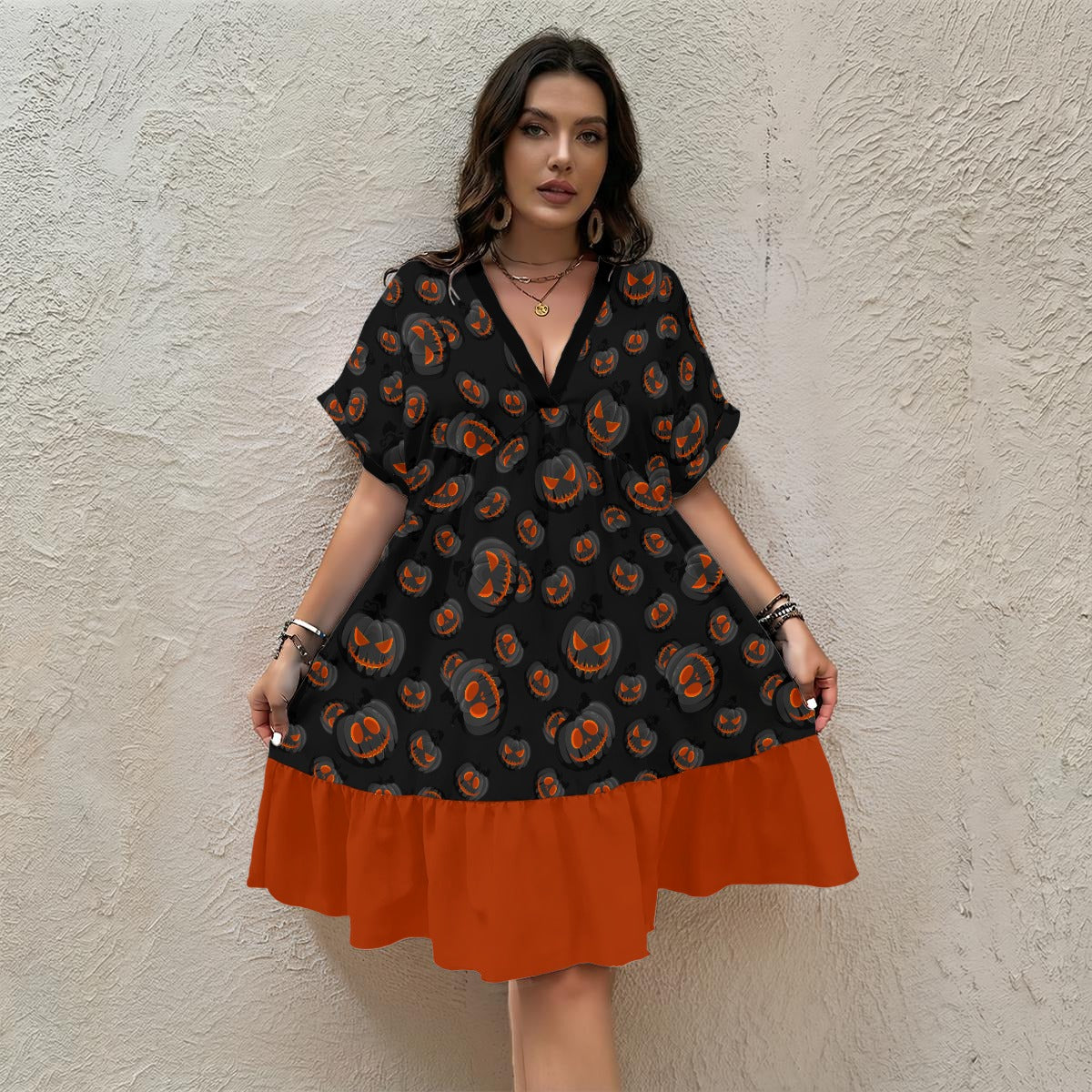 Pumpkin Queen V-Neck Short Sleeve Dress