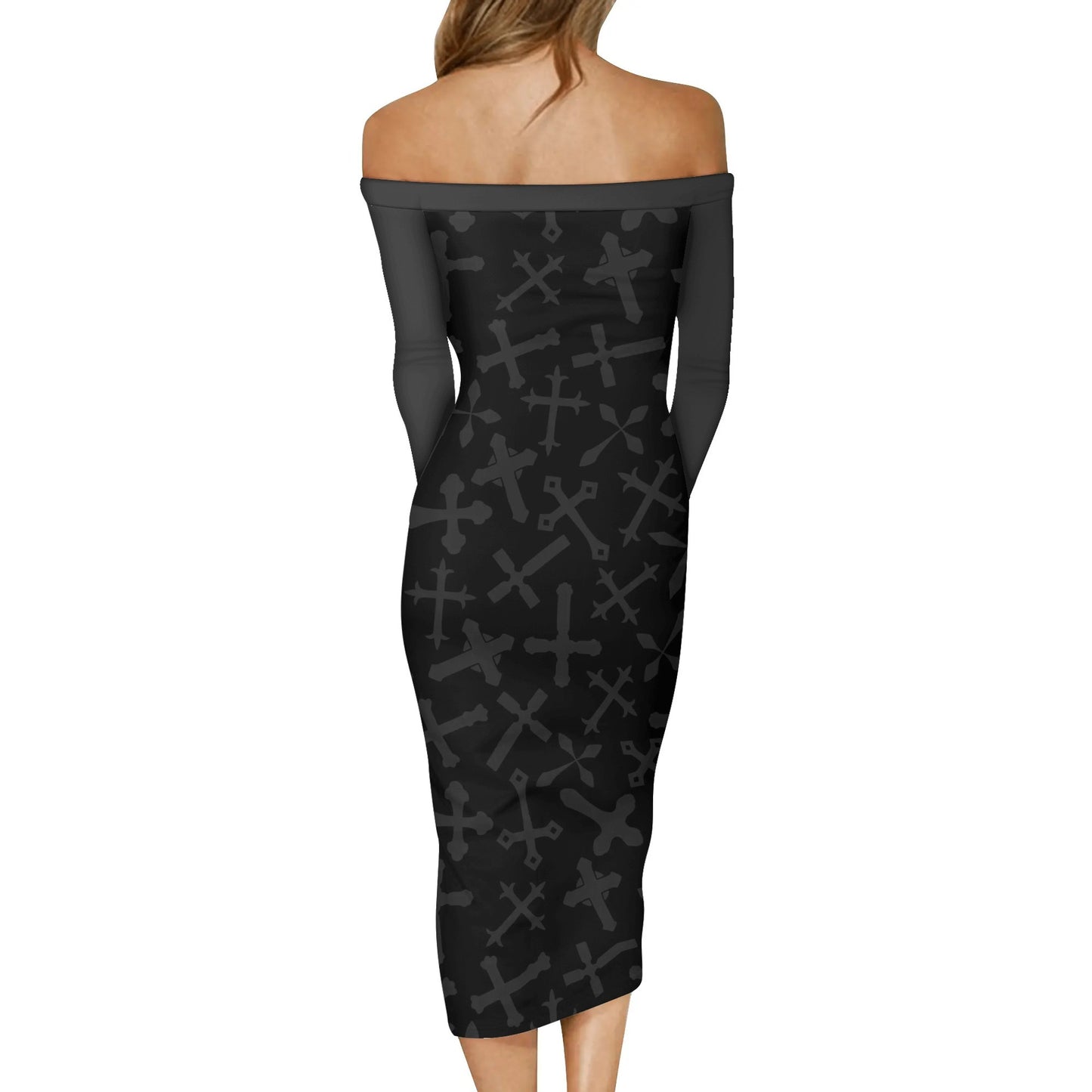 Gothic Crosses Off The Shoulder Long Sleeve Dress