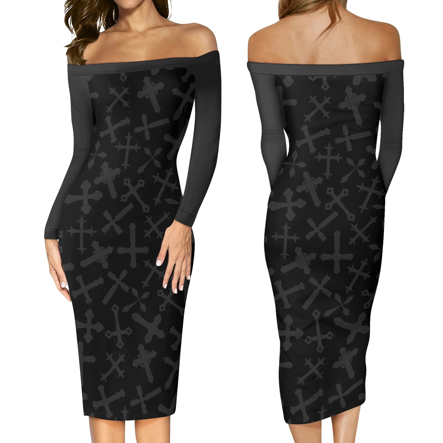 Gothic Crosses Off The Shoulder Long Sleeve Dress