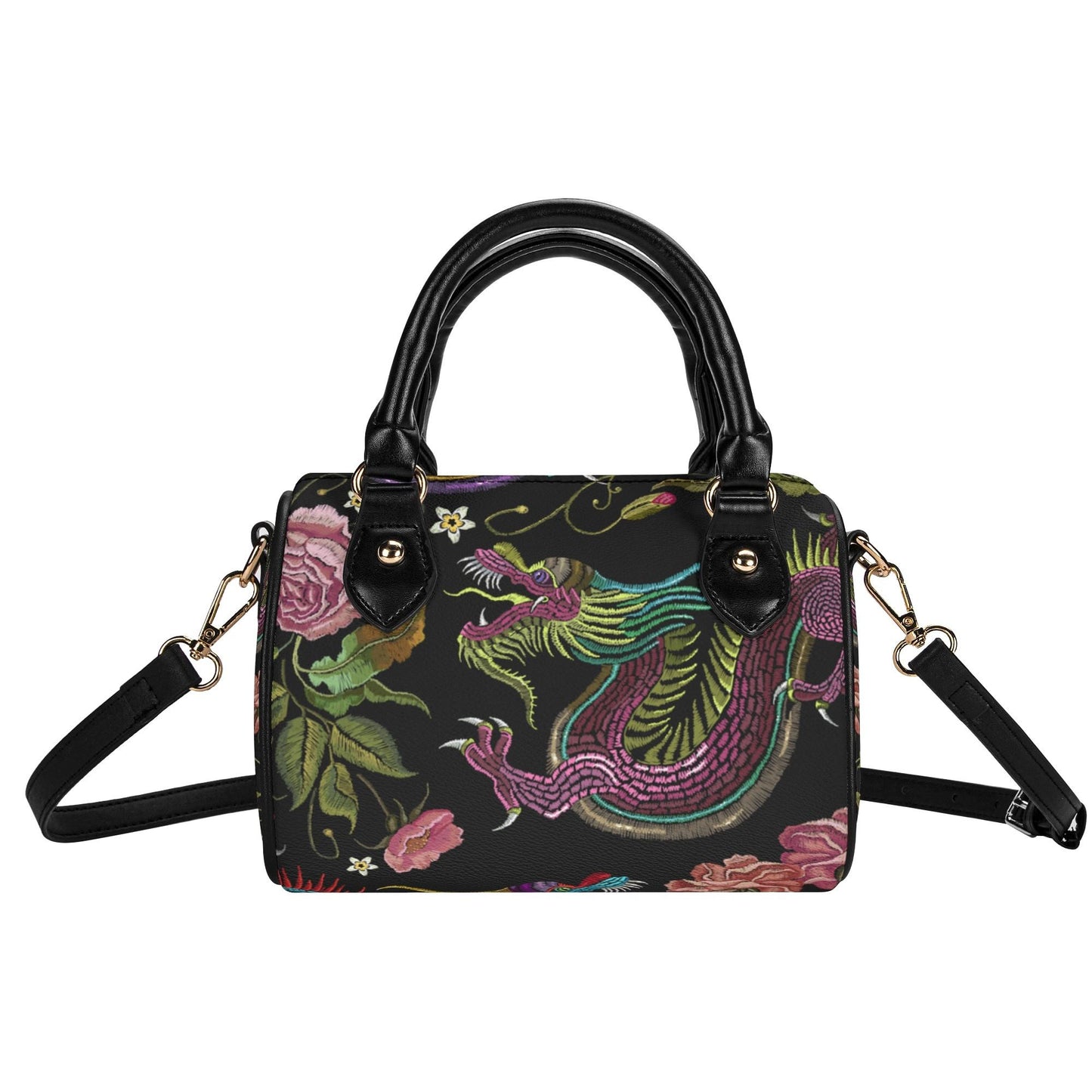 Dragons & Flowers Leather Mini Boston Satchel Handbag