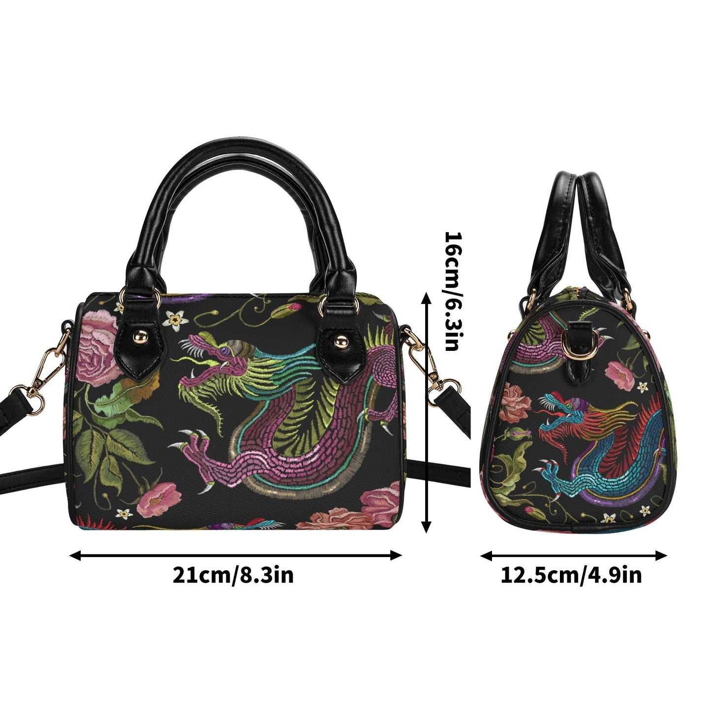 Dragons & Flowers Leather Mini Boston Satchel Handbag