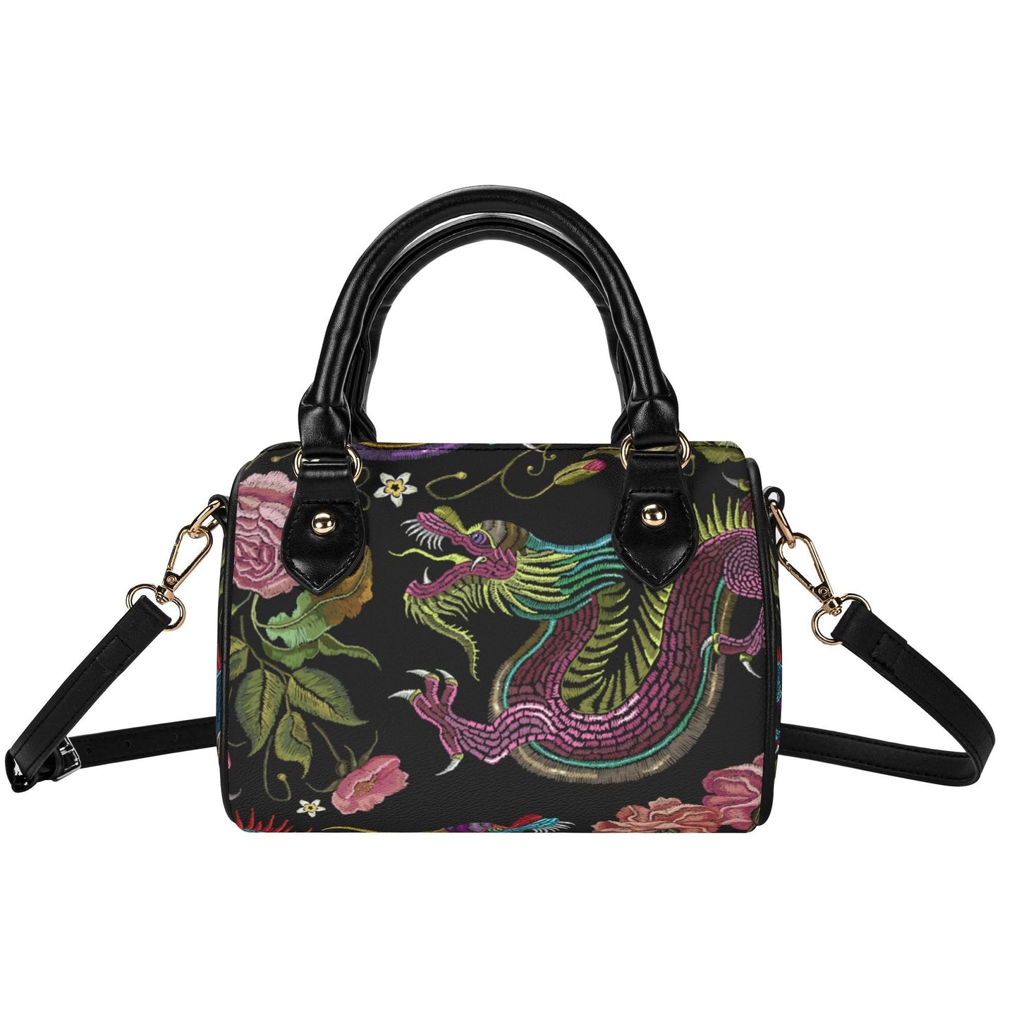 Dragons & Flowers Leather Mini Boston Satchel Handbag