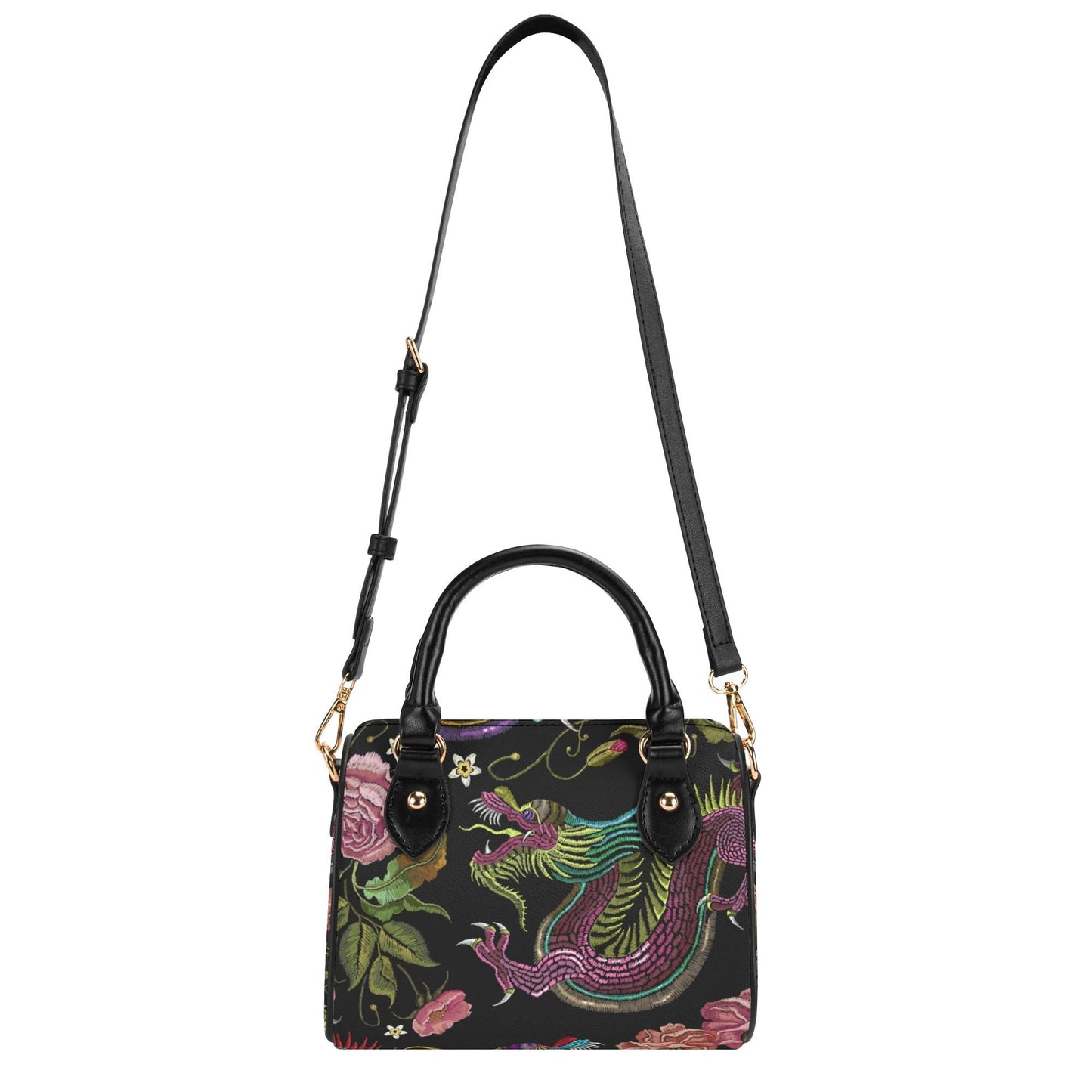 Dragons & Flowers Leather Mini Boston Satchel Handbag