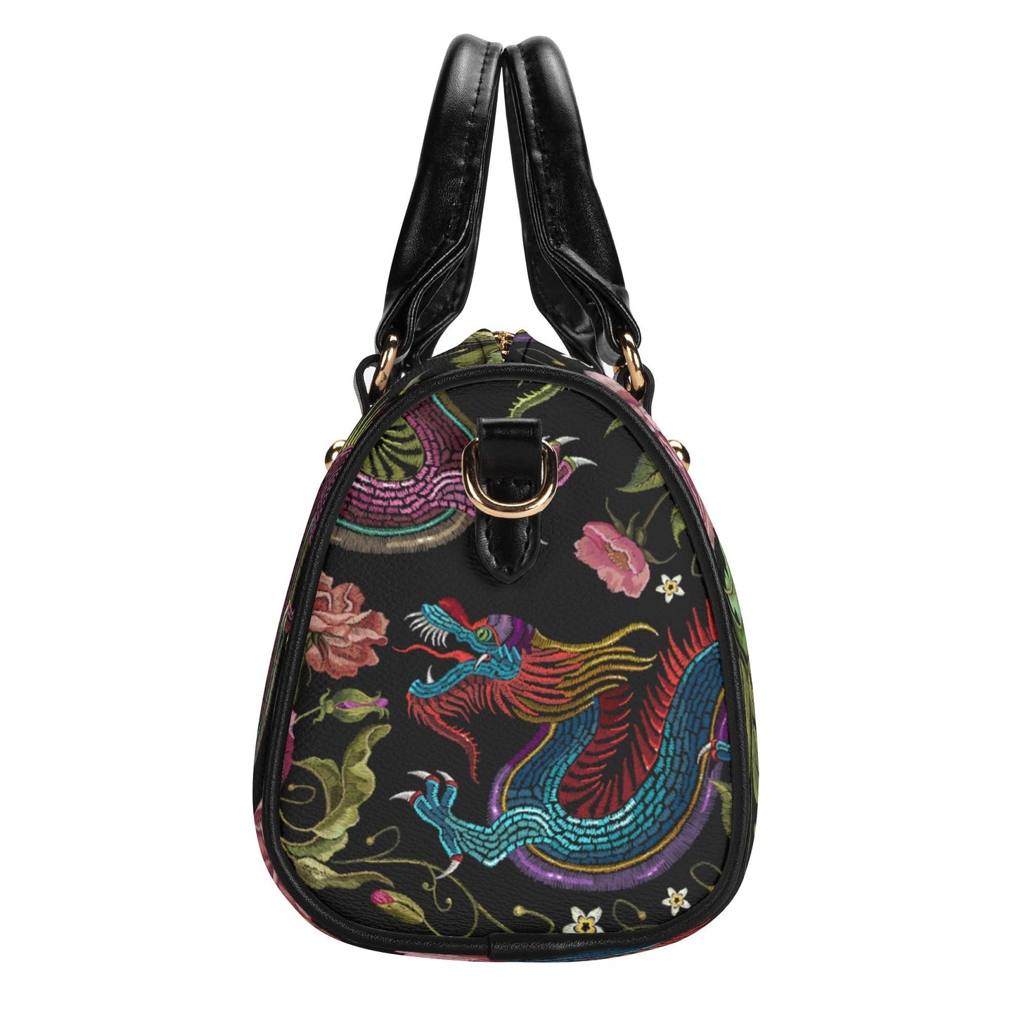 Dragons & Flowers Leather Mini Boston Satchel Handbag