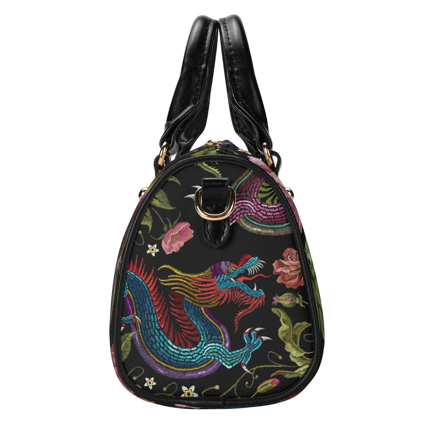 Dragons & Flowers Leather Mini Boston Satchel Handbag