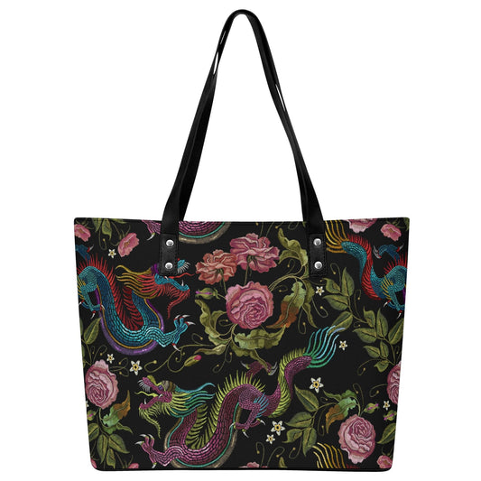 Dragons & Flowers Leather Tote Bag with Back Zipper Pocket