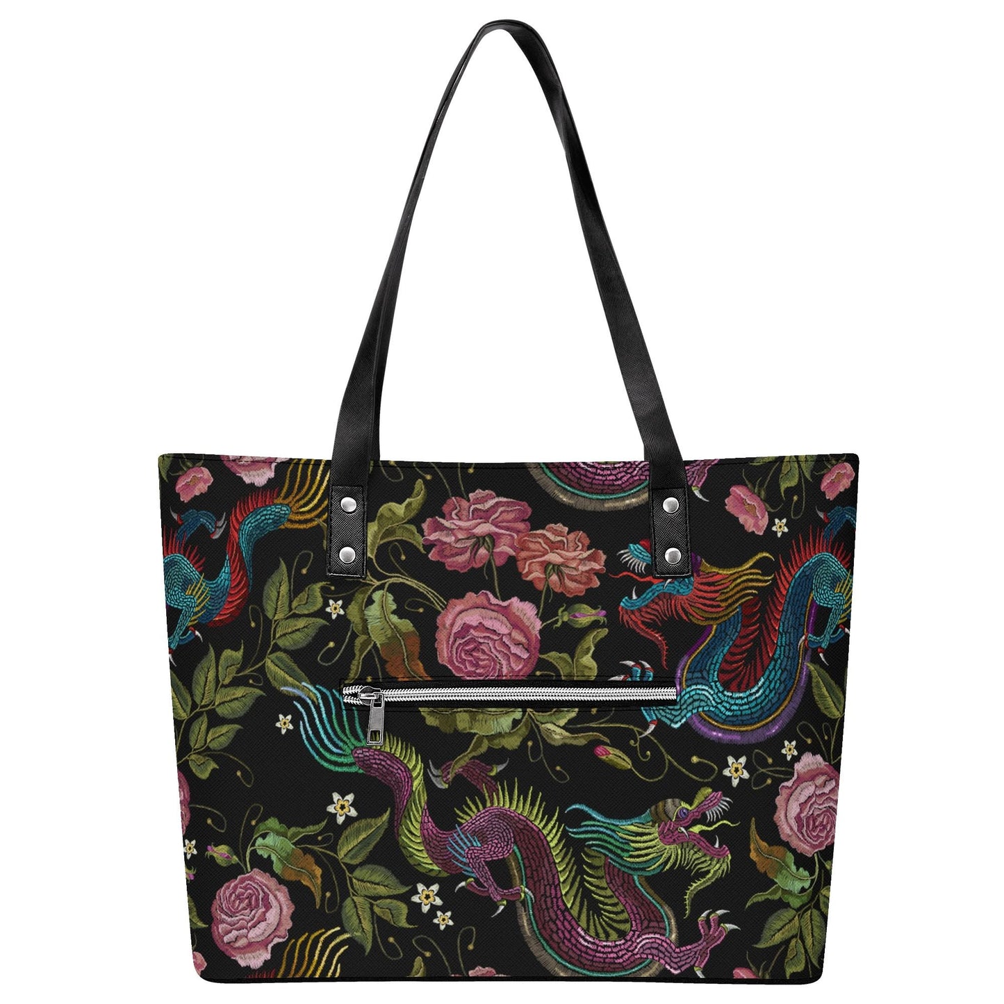 Dragons & Flowers Leather Tote Bag with Back Zipper Pocket