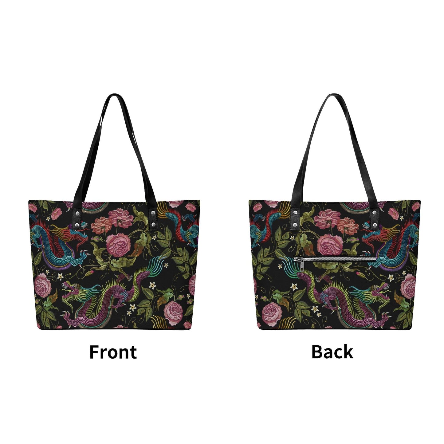 Dragons & Flowers Leather Tote Bag with Back Zipper Pocket