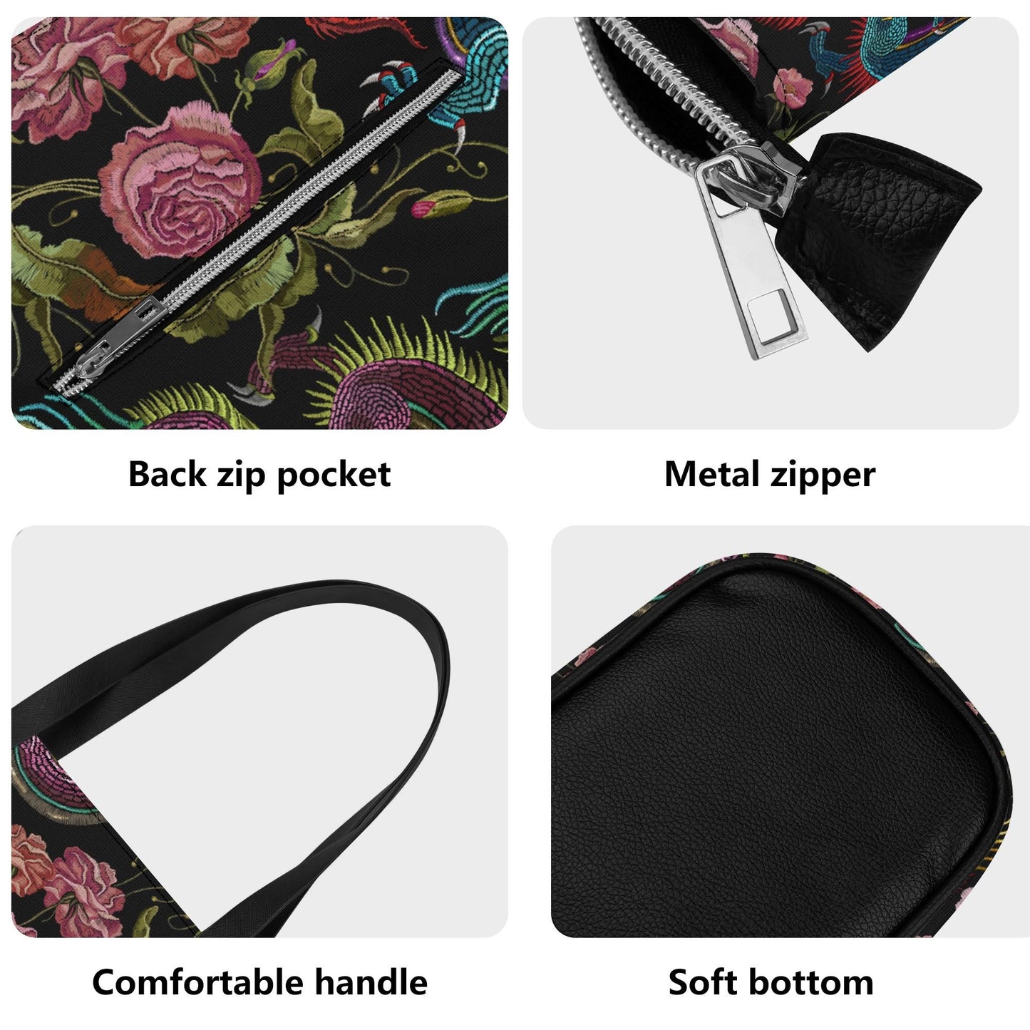 Dragons & Flowers Leather Tote Bag with Back Zipper Pocket