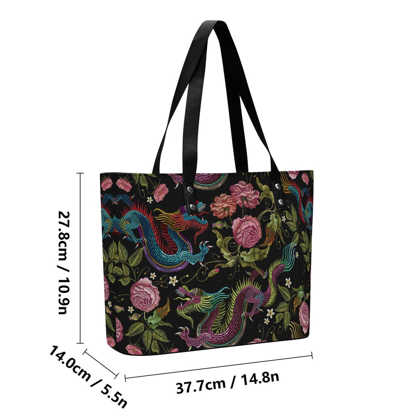 Dragons & Flowers Leather Tote Bag with Back Zipper Pocket