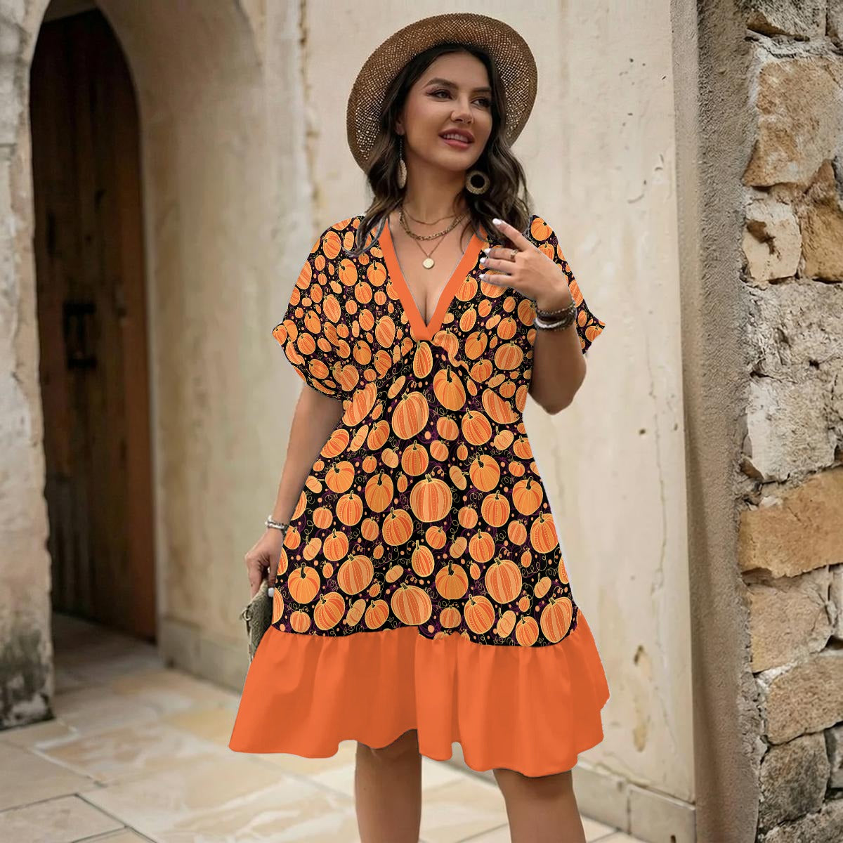 Halloween Queen V-Neck Short Sleeve Dress