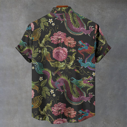 Dragons & Flowers Stand Collar Shirt