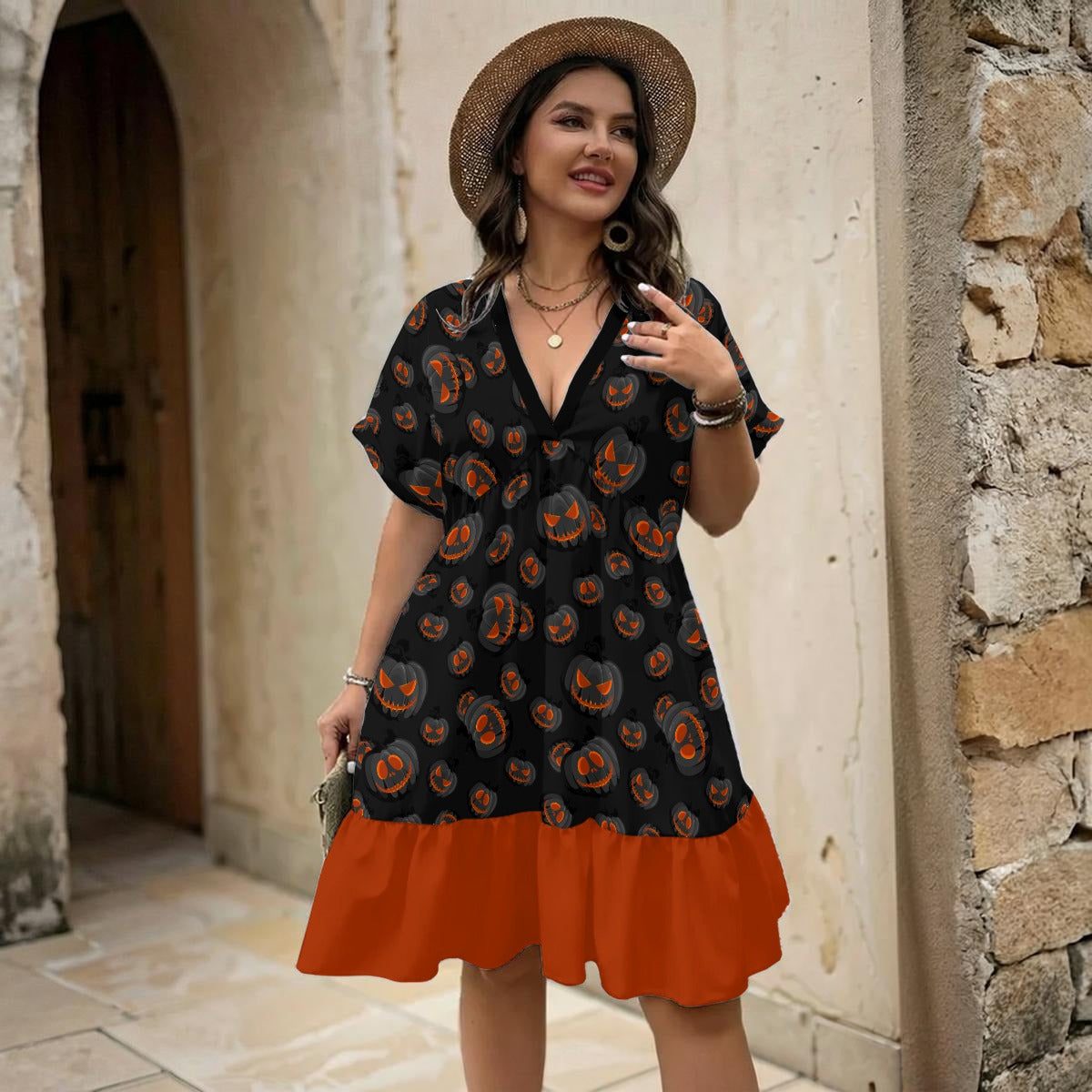 Pumpkin Queen V-Neck Short Sleeve Dress