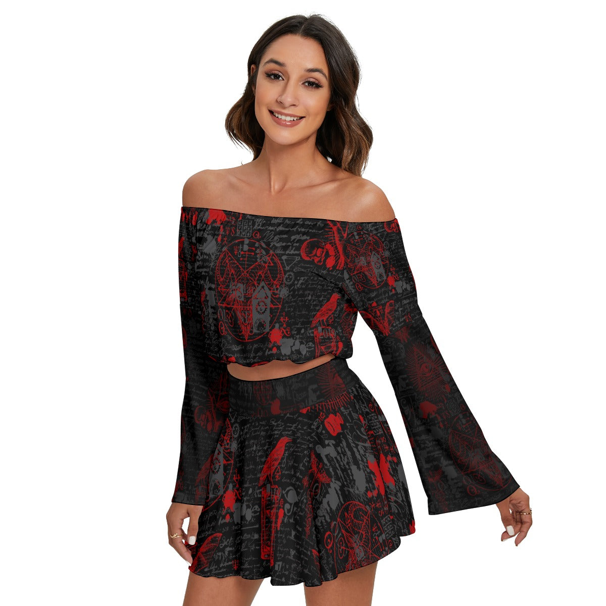 Luciferian Off-shoulder Top And Skirt Set