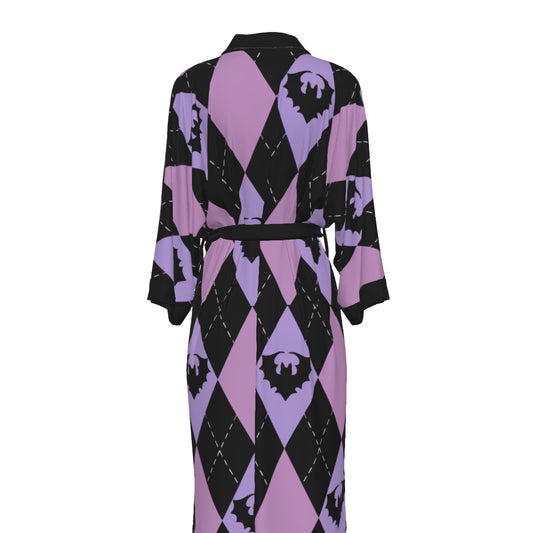 Bratty Argyle Satin Kimono Long Robe