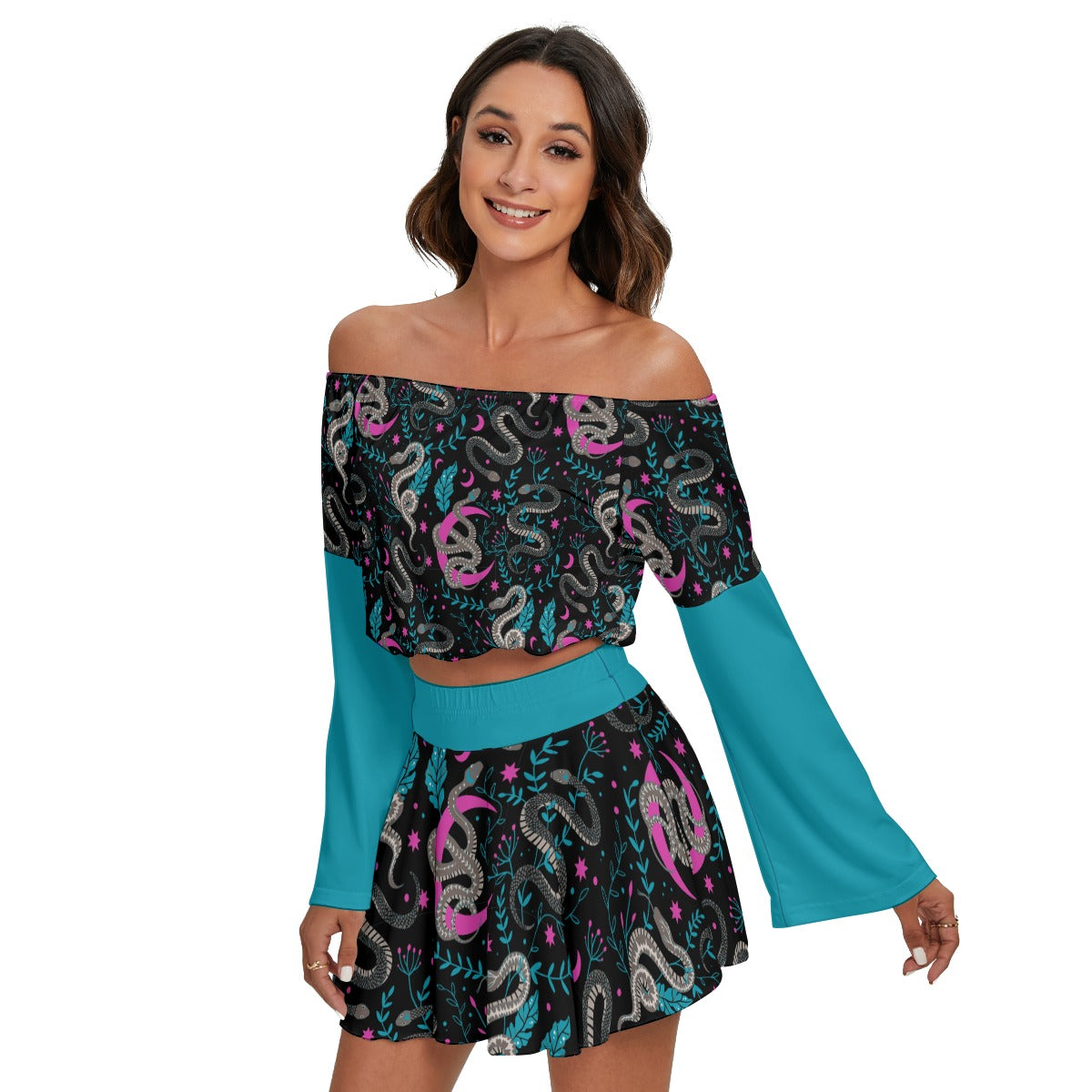 Snakes & Moons Off-shoulder Top And Skirt Set
