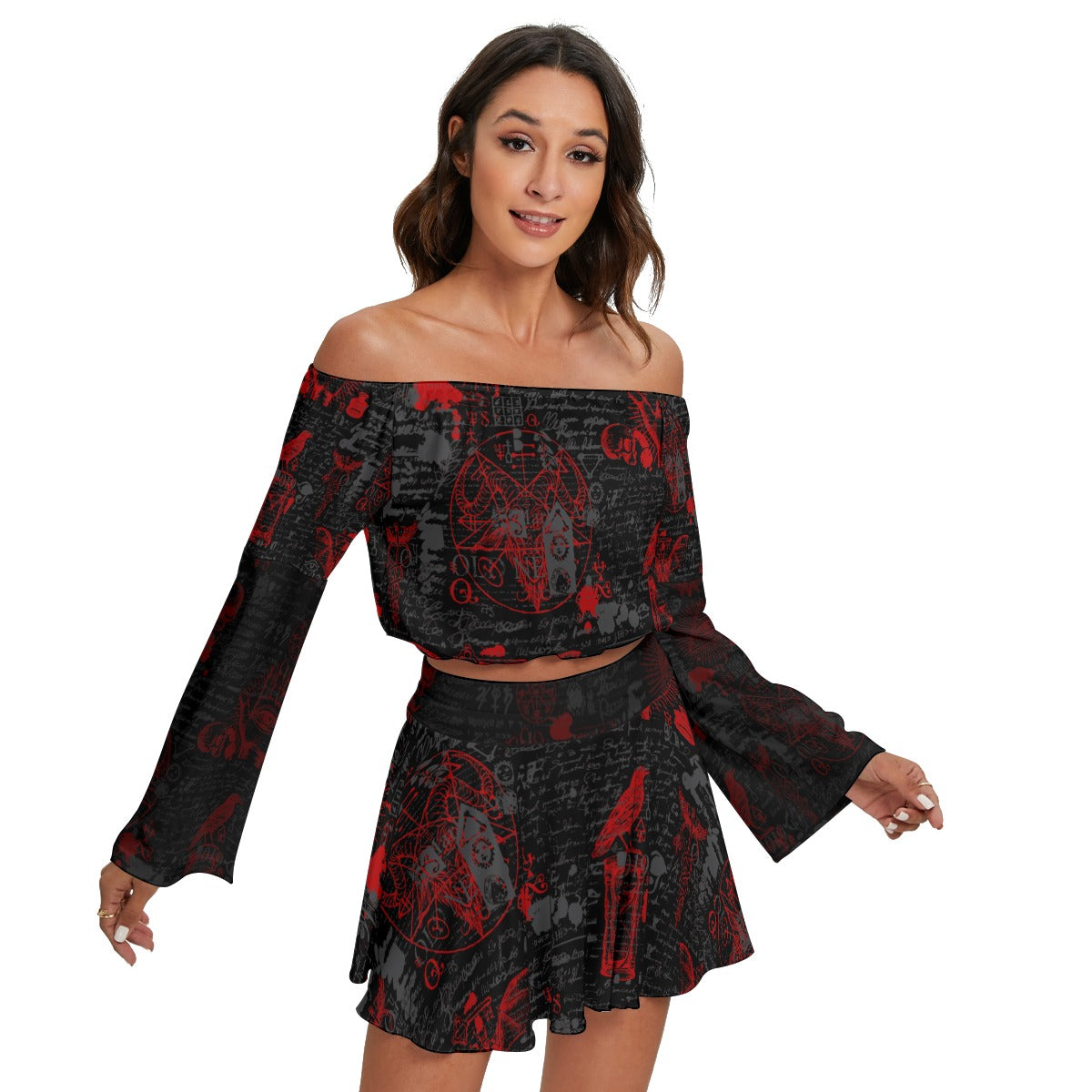 Luciferian Off-shoulder Top And Skirt Set