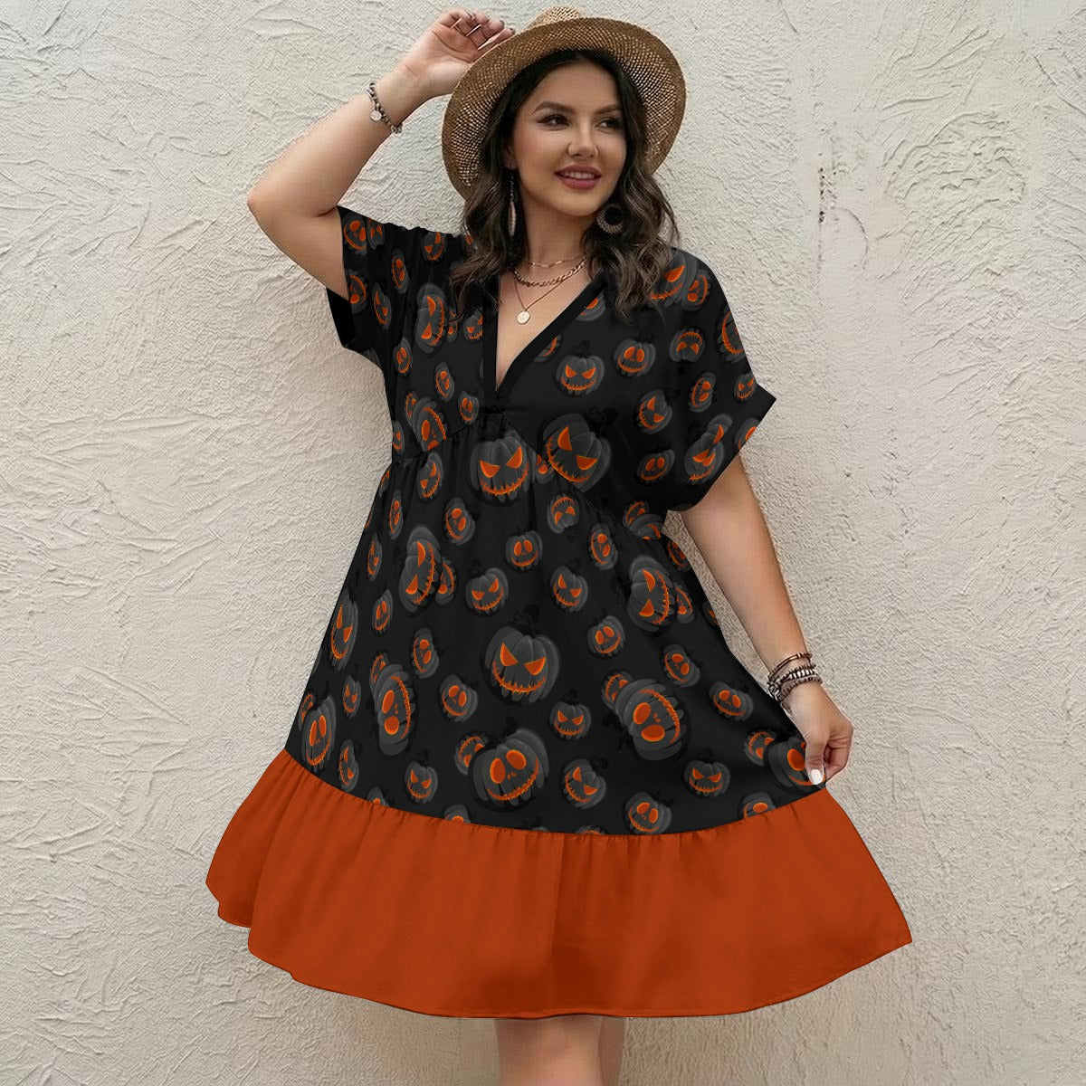Pumpkin Queen V-Neck Short Sleeve Dress