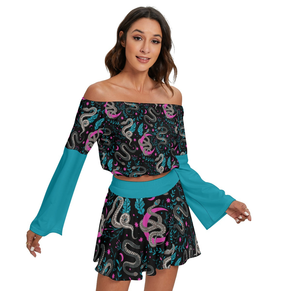 Snakes & Moons Off-shoulder Top And Skirt Set