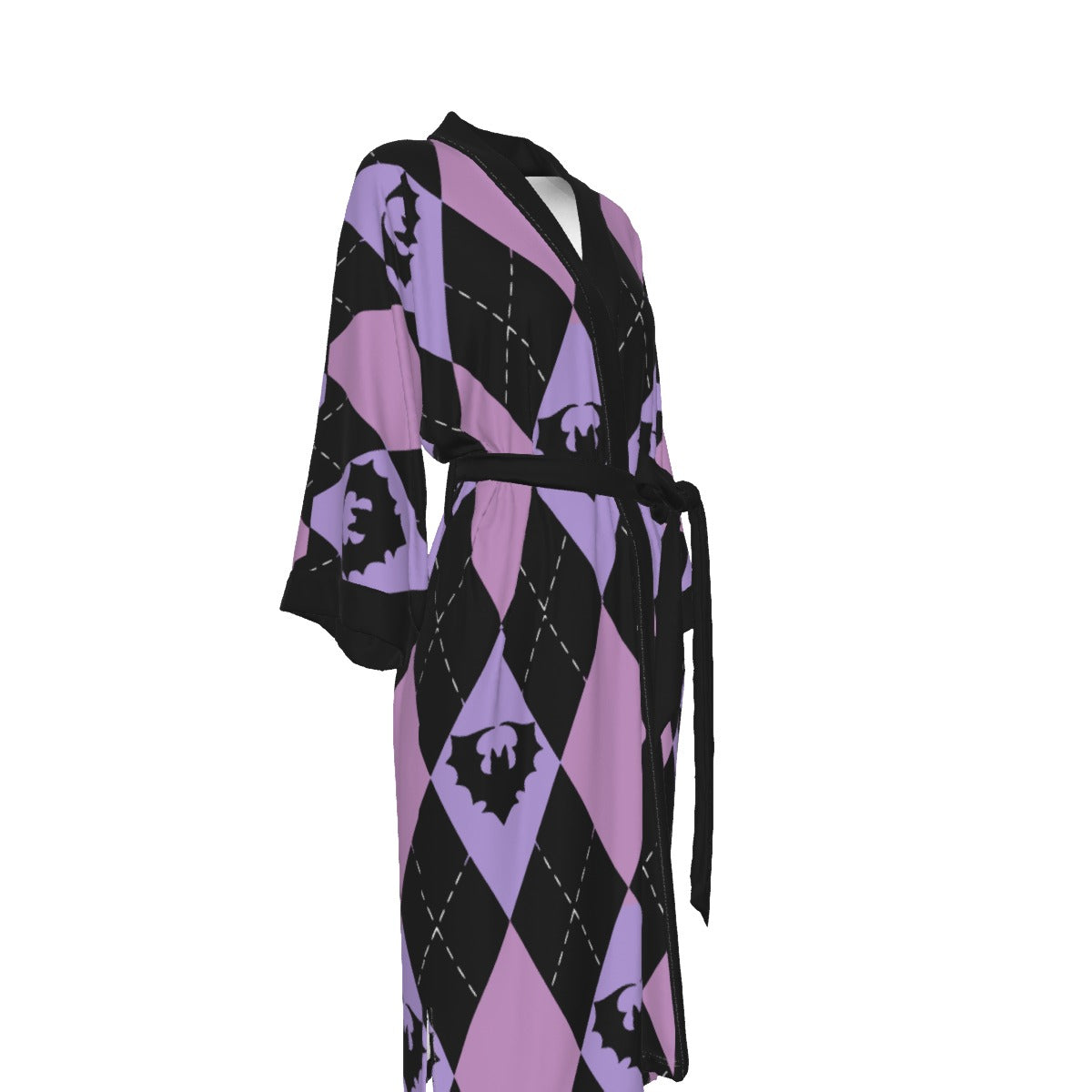 Bratty Argyle Satin Kimono Long Robe