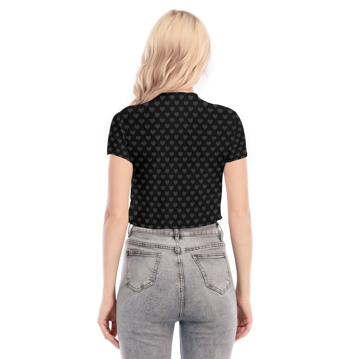 Black Hearted Short Sleeves Mesh Crop Top