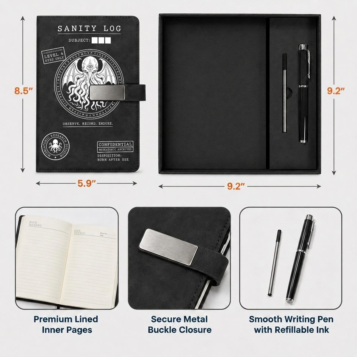 Cthulhu Sanity Log Notebook Gift Set with Metal Pen
