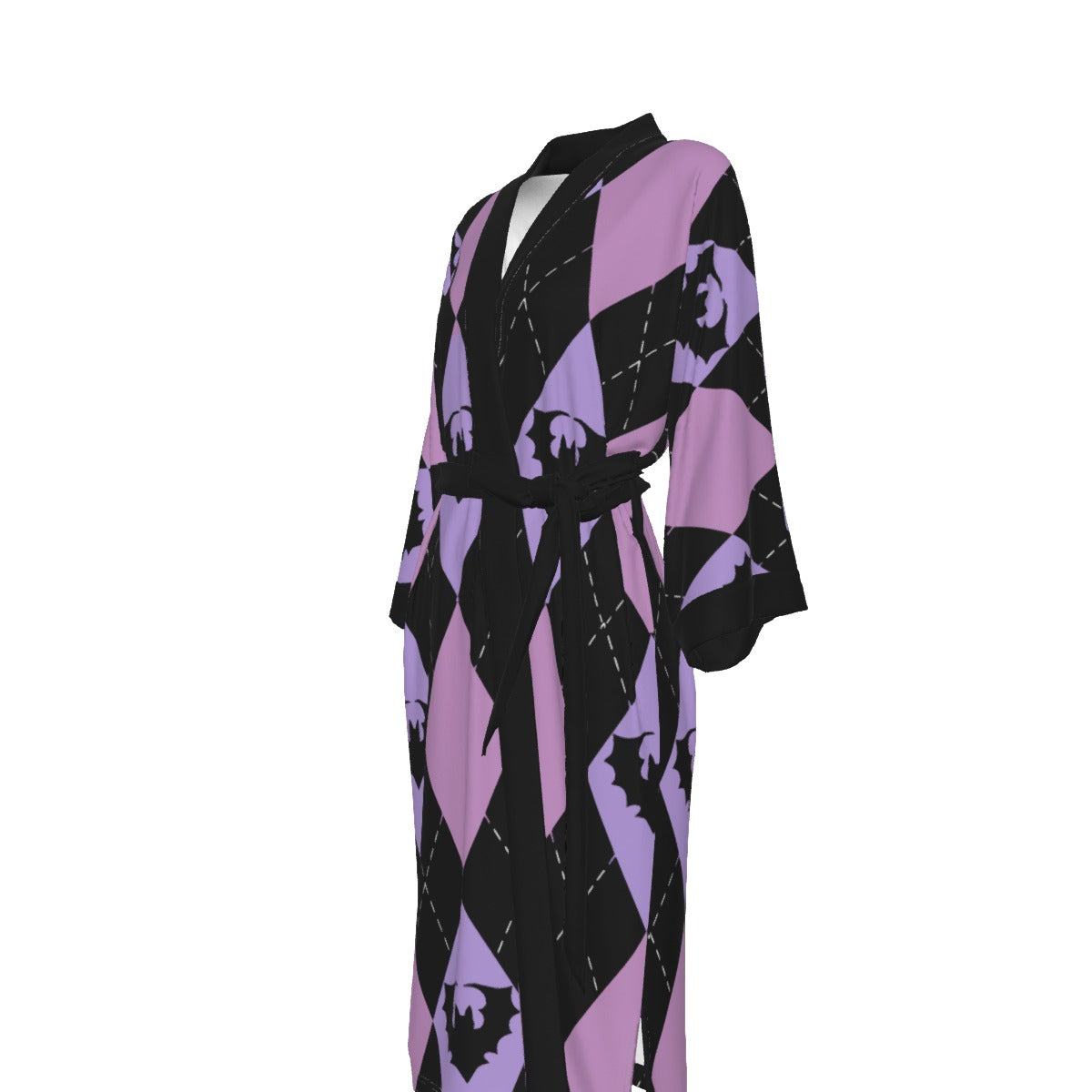 Bratty Argyle Satin Kimono Long Robe