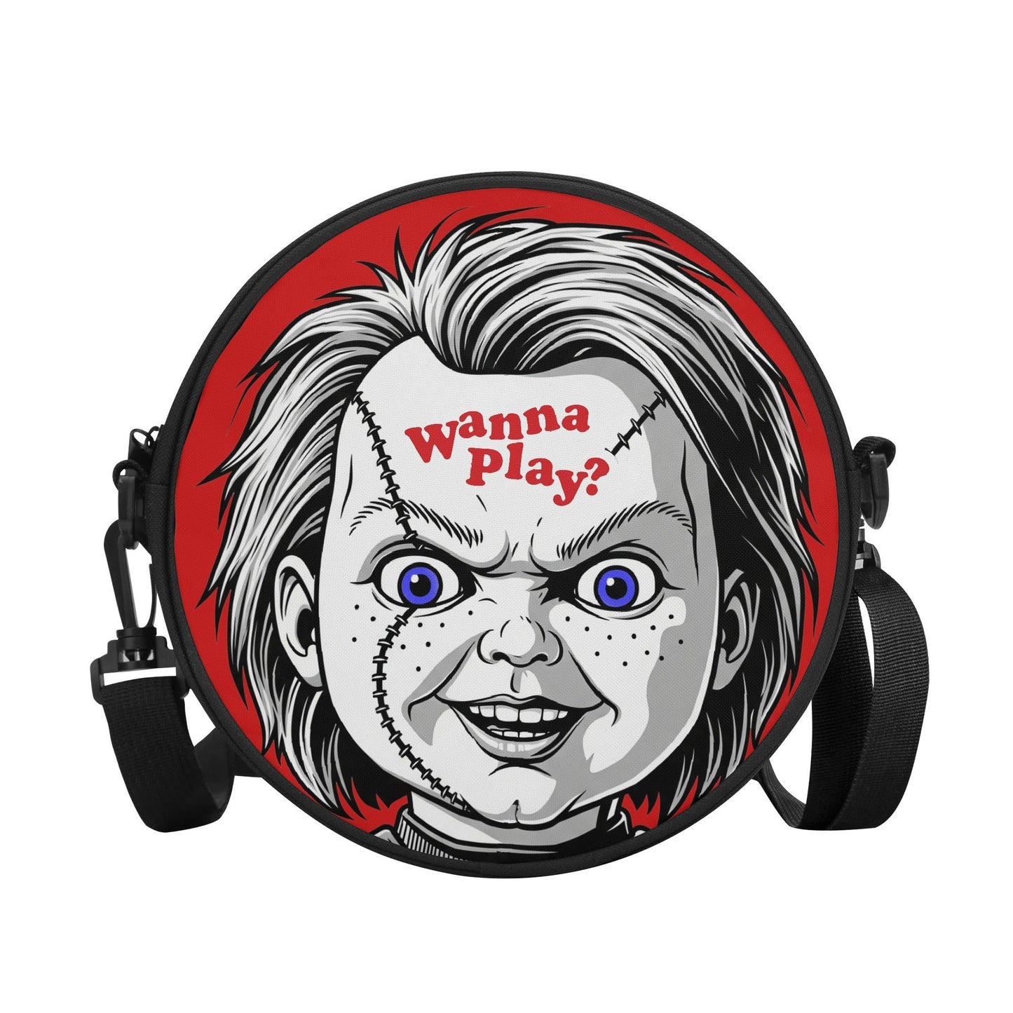 Round bag with a character design featuring text 'Wanna Play?' on a white background