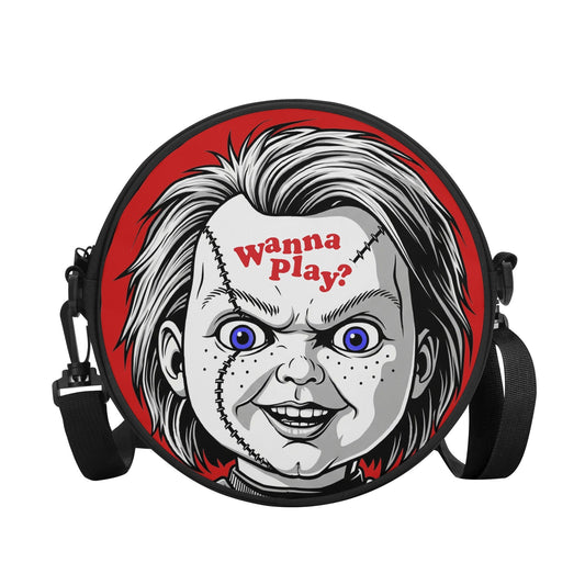 Round bag with a character design featuring text 'Wanna Play?' on a white background
