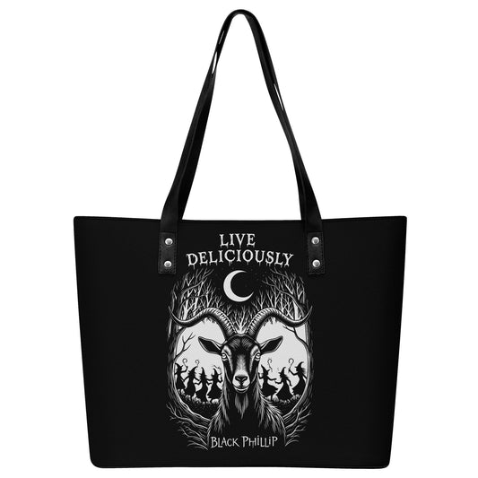 Live Deliciously Leather Tote Bag with Back Zipper Pocket