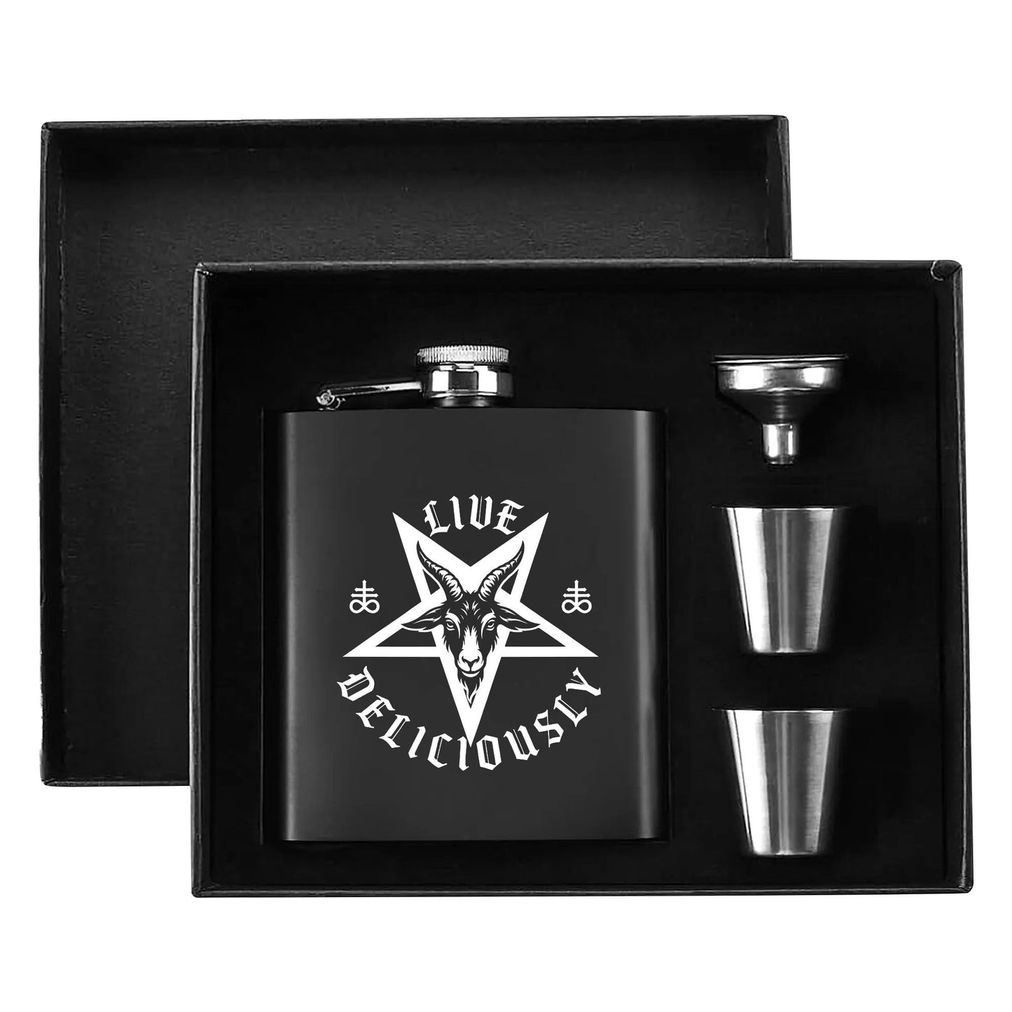 Live Deliciously v.2 7oz Black Stainless Steel Flask Set