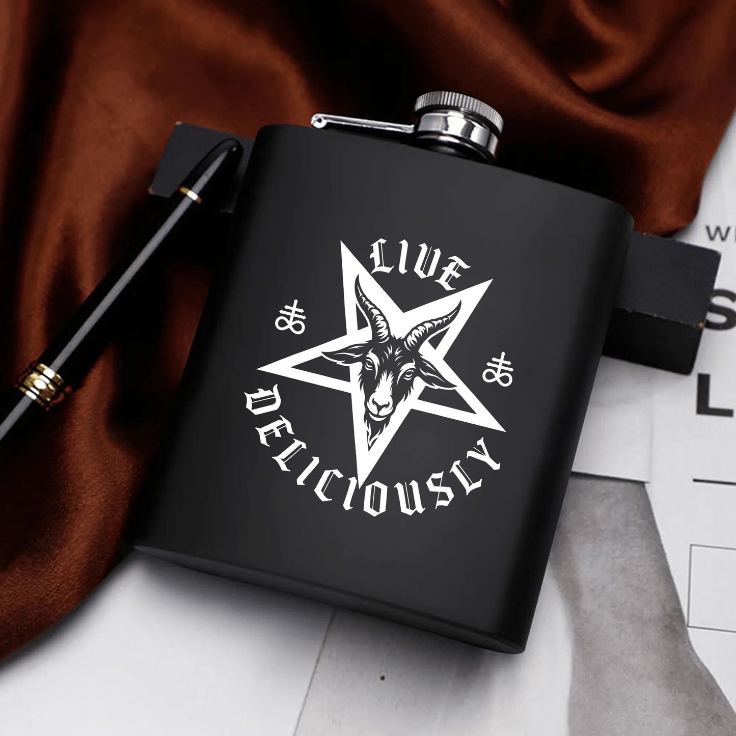 Live Deliciously v.2 7oz Black Stainless Steel Flask Set