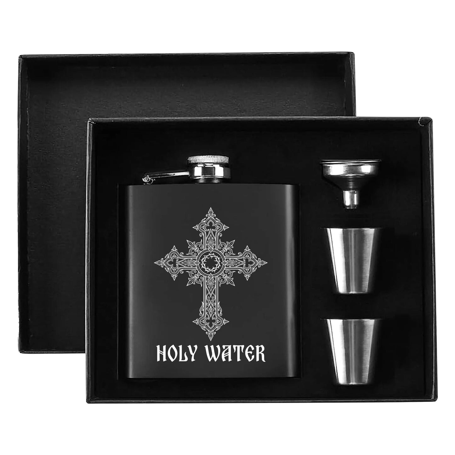 Holy Water 7oz Black Stainless Steel Flask Set