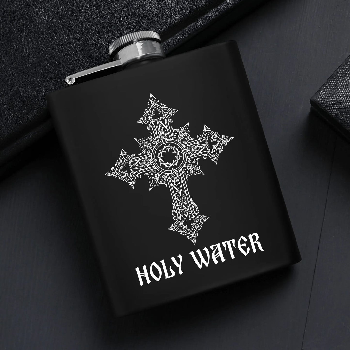 Holy Water 7oz Black Stainless Steel Flask Set