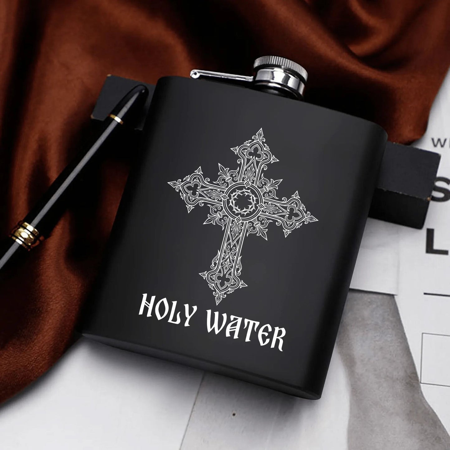 Holy Water 7oz Black Stainless Steel Flask Set