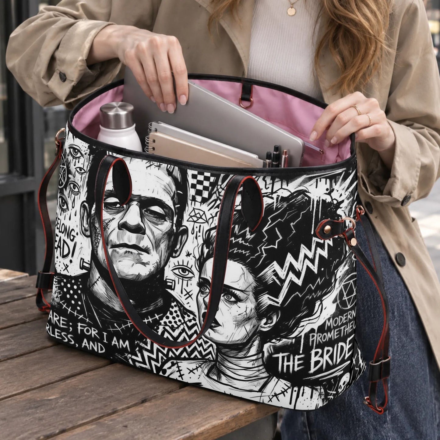 Mad Love | Frankestine & Bride Carryall Monogram Tote Bag with Zipper Makeup Bag