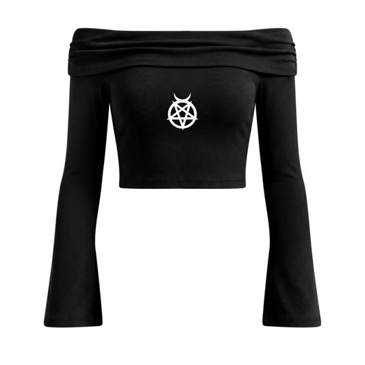Wiccan Crescent Moon Off-the-Shoulder Bell Sleeve Crop Top