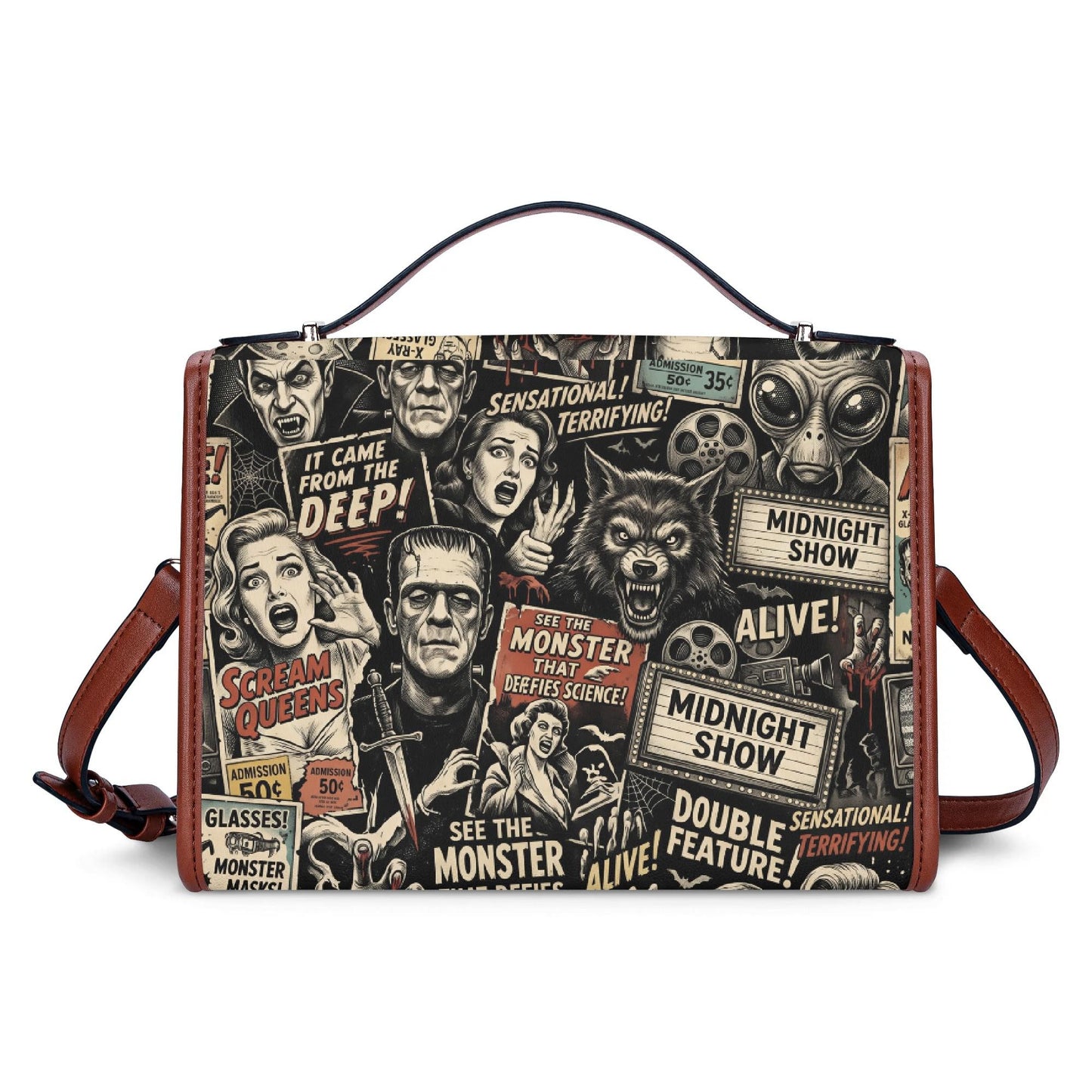 Vintage Classic Monsters Minimalist Brown PU Leather Satchel Crossbody Bag