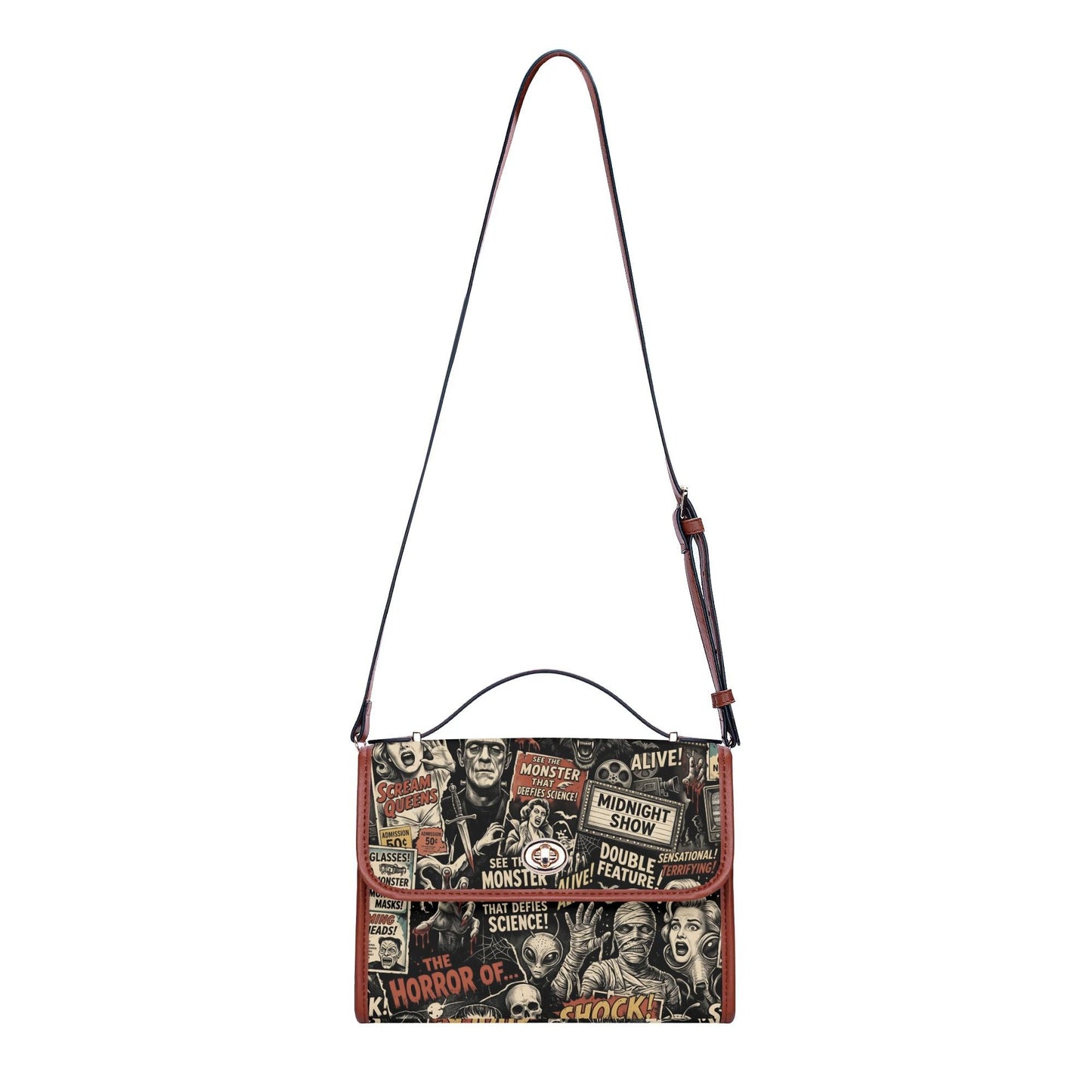 Vintage Classic Monsters Minimalist Brown PU Leather Satchel Crossbody Bag