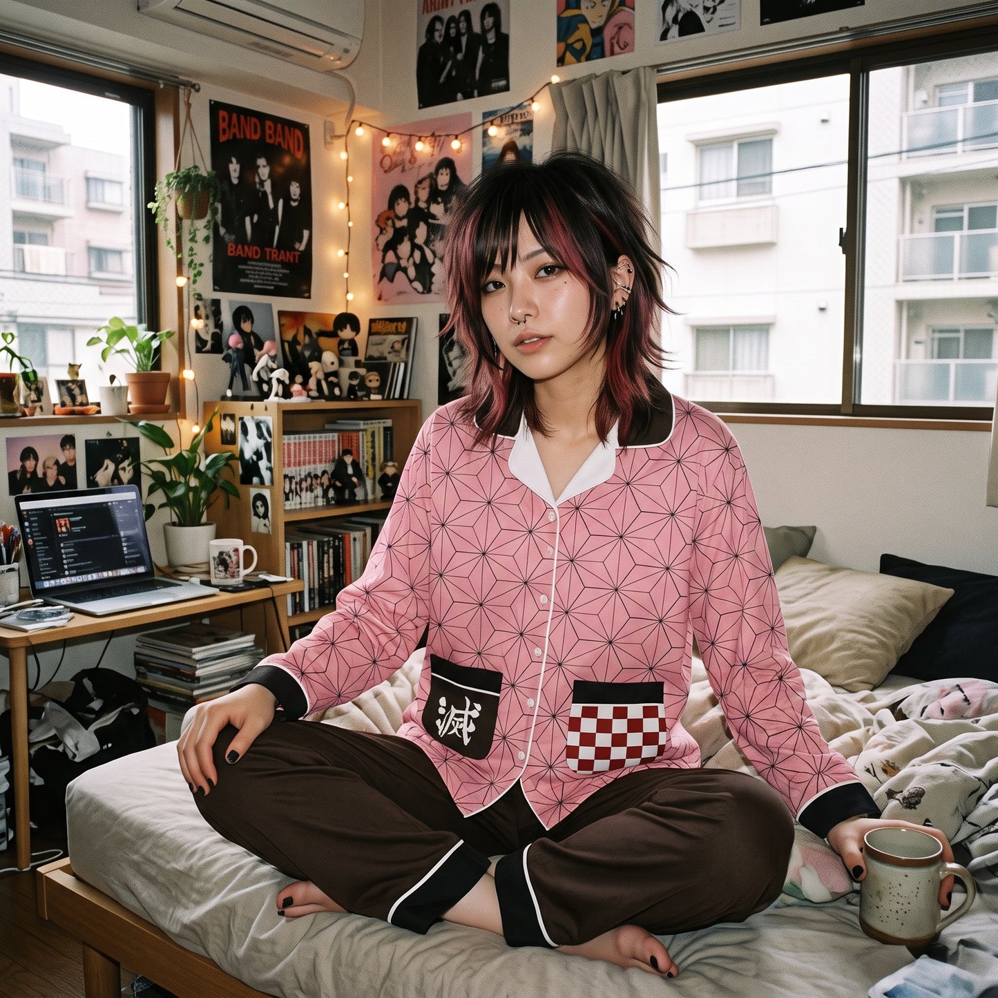 Demon Slayer Cosplay | Nezuko Kamado Inpired Unisex Long Sleeve Adult Nightwear Pajama Set